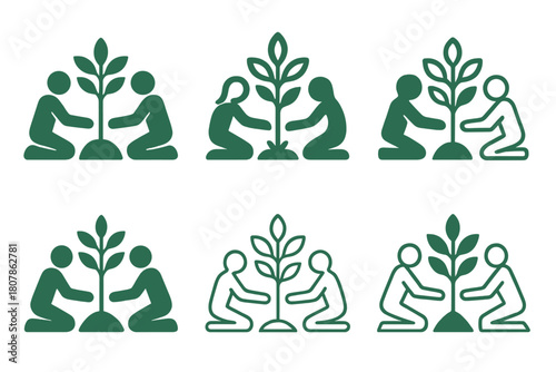 Reforestation Logo Set. Reforestation efforts and tree planting. Icon set. Set Logo of Reforestation efforts and tree planting: Tree with roots. harmonious