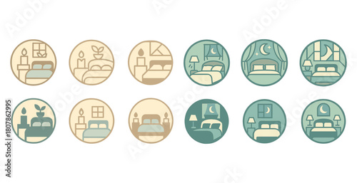 Rustic and retro bedroom icon set in earthy tones