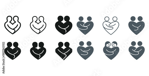 Minimalistic icon set of couples embracing with heart designs