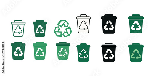 Recycling bin icons with recycle symbols in green and black variants