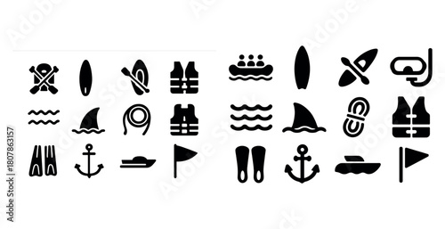 Set of nautical and water sports icons featuring sharks, anchors, surfboards, and life jackets