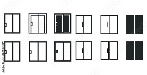 Set of black and white sliding glass door icons in various styles