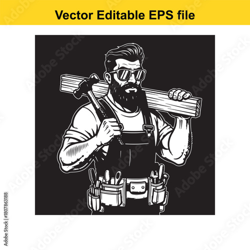 A muscular carpenter with a beard, wearing sunglasses and carrying a hammer and wooden plank on his shoulders against a