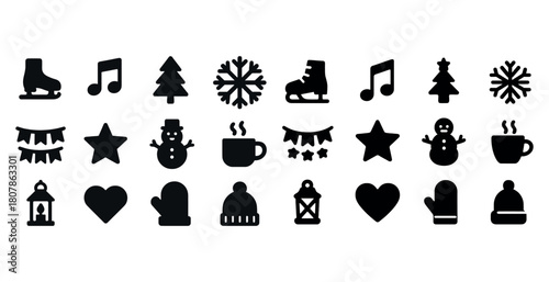 Winter and holiday icons: skates, snowflakes, hot drinks, decorations, and more