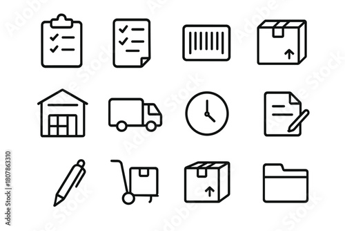 Fulfillment Icon Set. Order fulfillment. Line icon set of order fulfillment: clipboard, checklist, barcode, package, warehouse, truck, clock, document, pen,