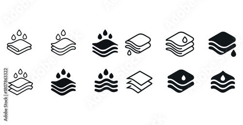 Set of water absorption icons in black and white