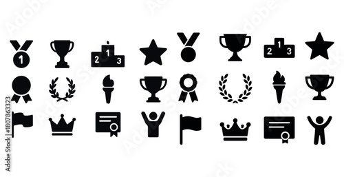 Collection of award icons including trophies, medals, and certificates