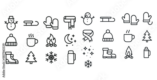 Winter icons: snowman, sled, mittens, scarf, hot cocoa, campfire, boots, trees, snowflakes