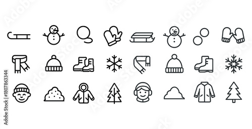 Winter icons set with snowman sled mittens scarf hat boots and snowflakes