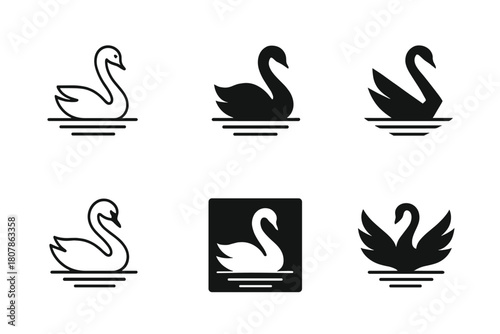 Elegant Swan Logos. Swans. Icon set. Set Logo of swans: elegant swan silhouette gliding on rippling water. harmonious logo variations of the same emblematic