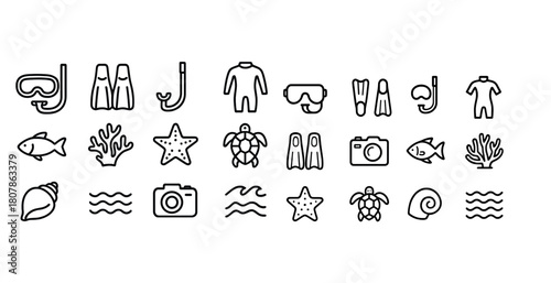 Seamless dive icons: snorkel, fins, suit, marine wildlife, snail shell
