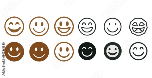 Diverse smiley faces: mono and outline styles in various expressions