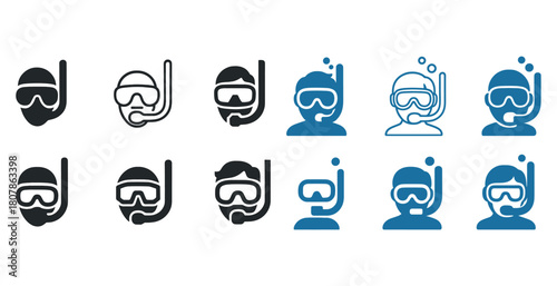 Diverse snorkeling icons: monochrome and blue designs