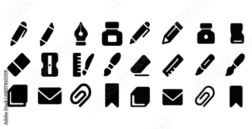 Set of black academic icons featuring stationery tools and office supplies