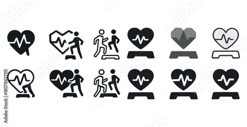 Heart rate and fitness icons with cardiogram and exercise symbols in black and gray