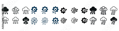 Tech symbol array showing cloud, gear, spiral, and abstract designs