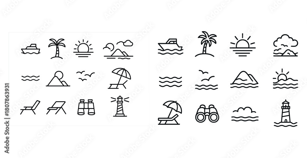 Fototapeta premium Minimalist beach icons: palm trees, boats, sunsets, waves, lighthouses, mountains