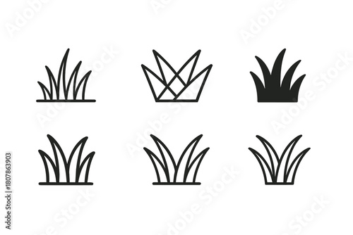 Grass Logo Variations. Grass. Icon set. Set Logo of Grass: minimal grass field line art. harmonious logo variations of the same emblematic concept, each with