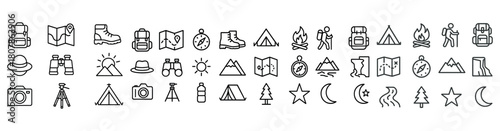 Minimalist camping icons: maps, boots, binoculars, campfire, mountains