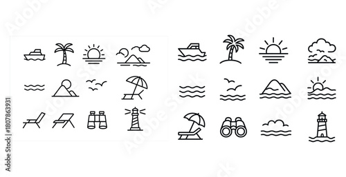 Minimalist beach icons: palm trees, boats, sunsets, waves, lighthouses, mountains