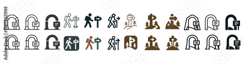 Diverse hiking and trail sign icons in various styles