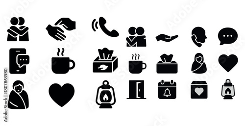 Assorted black silhouette icons of human interaction and everyday objects