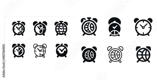 Set of alarm clock icons with global and checkmark variations in black