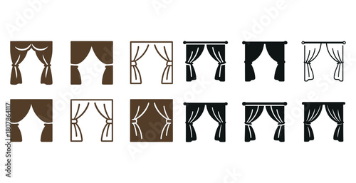 Set of twelve curtain icons in brown and black designs