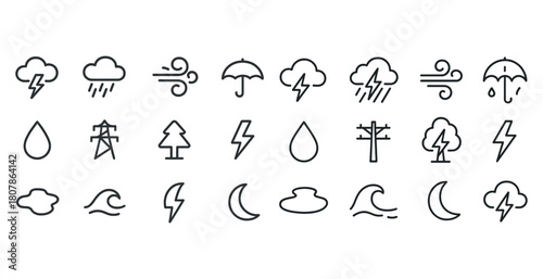 Weather icons: storm, rain, wind, umbrella, nature symbols in minimalist design