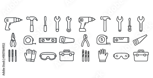 Outlined icons of various hand and power tools for construction and repair