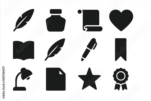 Poetry Icon Set. Poetry. Solid icon set of poetry: quill, ink bottle, scroll, feather, heart, book, pen, bookmark, lamp, paper sheet, star, ribbon. Filled