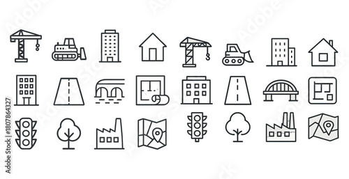 Construction and urban planning icons: buildings, machinery, and infrastructure