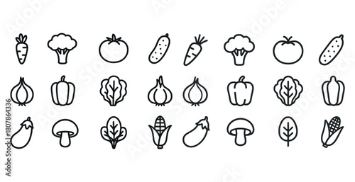 Outline icon set of various vegetables including carrot, tomato, corn, and mushroom