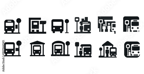 Set of black icons of bus stops and public transportation signs