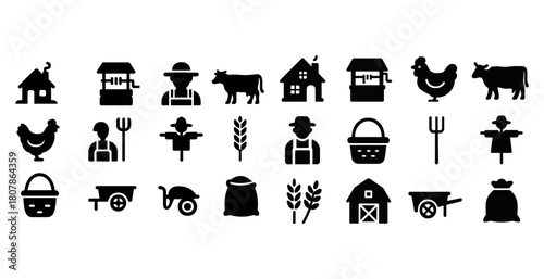 Set of farm icons illustrating agriculture and farming elements