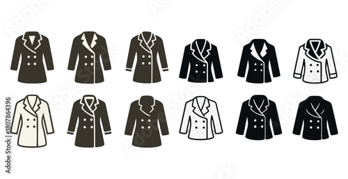 Variety of coat icons: double-breasted, single-breasted, trench, short, long, black, brown, white