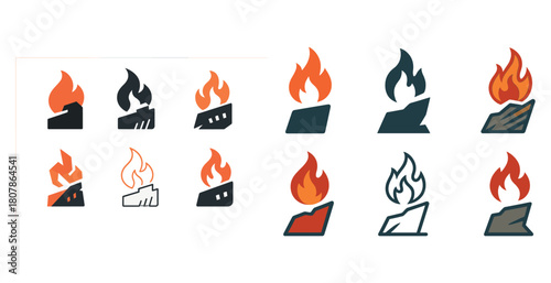 Collection of abstract flame icons on mountain-shaped bases