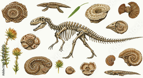 Dinosaur Skeleton Fossil and Ancient Seashells Illustration, Paleontology Concept