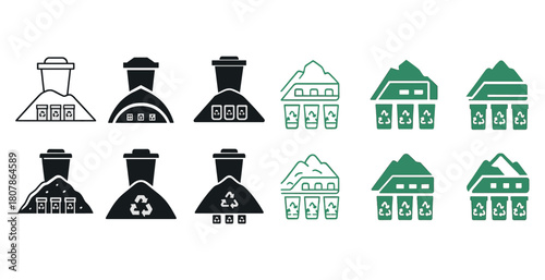 Waste management and recycling icons illustrating dumpsters and recycling bins