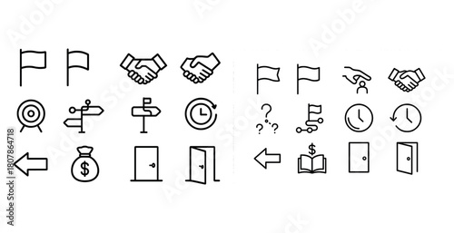Set of business and direction icons with flags, handshakes, targets, and doors