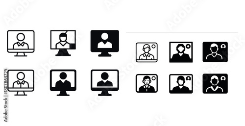 Video conferencing icons: monochrome designs of virtual meeting symbols