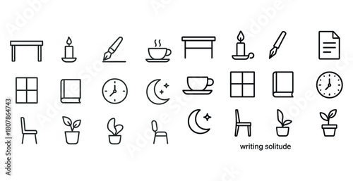 Minimalist icon set: writing, reading, and reflective solitude themes