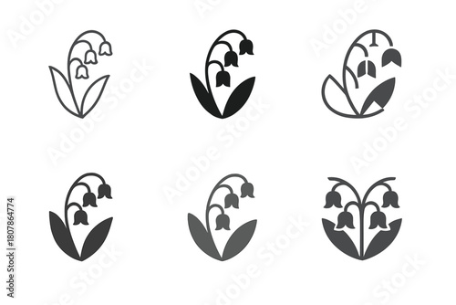 Lily of the Valley Logos. Lily of the Valley. Icon set. Set Logo of Lily of the Valley: delicate flower stem with bells. harmonious logo variations of the same