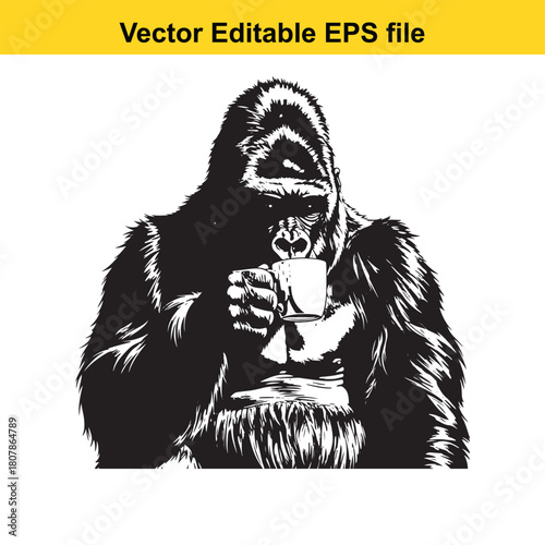 A majestic gorilla takes a moment to savor a steaming cup of coffee, isolated on a blend of strength and simple pleasure