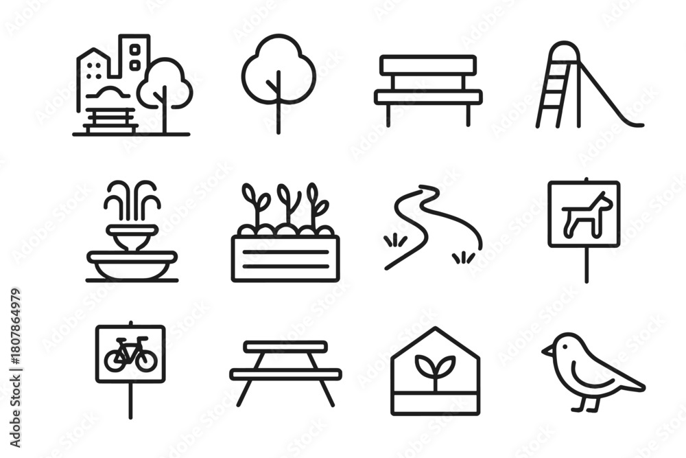 Fototapeta premium Urban Green Icon Set. Urban green spaces. Line icon set of urban green spaces: city park, tree, bench, playground, fountain, community garden bed, walking