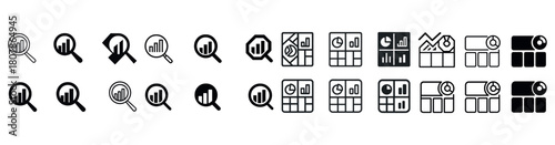 Diverse data analysis icons set including charts and graphs