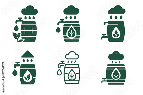 Eco-friendly Irrigation Logos. Eco-friendly irrigation. Icon set. Set Logo of eco-friendly irrigation: rainwater collection barrel system. harmonious logo