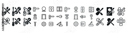 Collection of door hardware icons featuring keys and hinges
