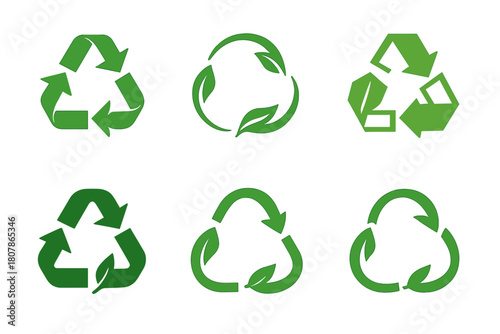 Recycling Icons Collection. Recycling process. Icon set. Set Logo of recycling process: circular ecosystem with arrows and leaves. harmonious logo variations
