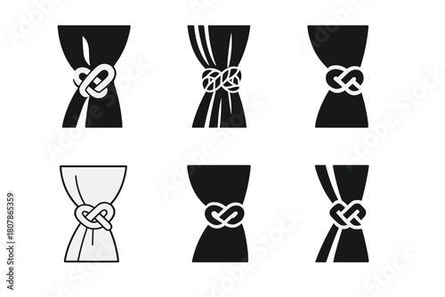 Curtain Tieback Logos. Curtain tieback. Icon set. Set Logo of curtain tieback: crystal knob medallion. harmonious logo variations of the same emblematic